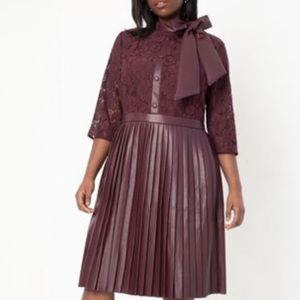 Women’s Burgundy Lace Bodice Pleated Skirt Dress with Bow